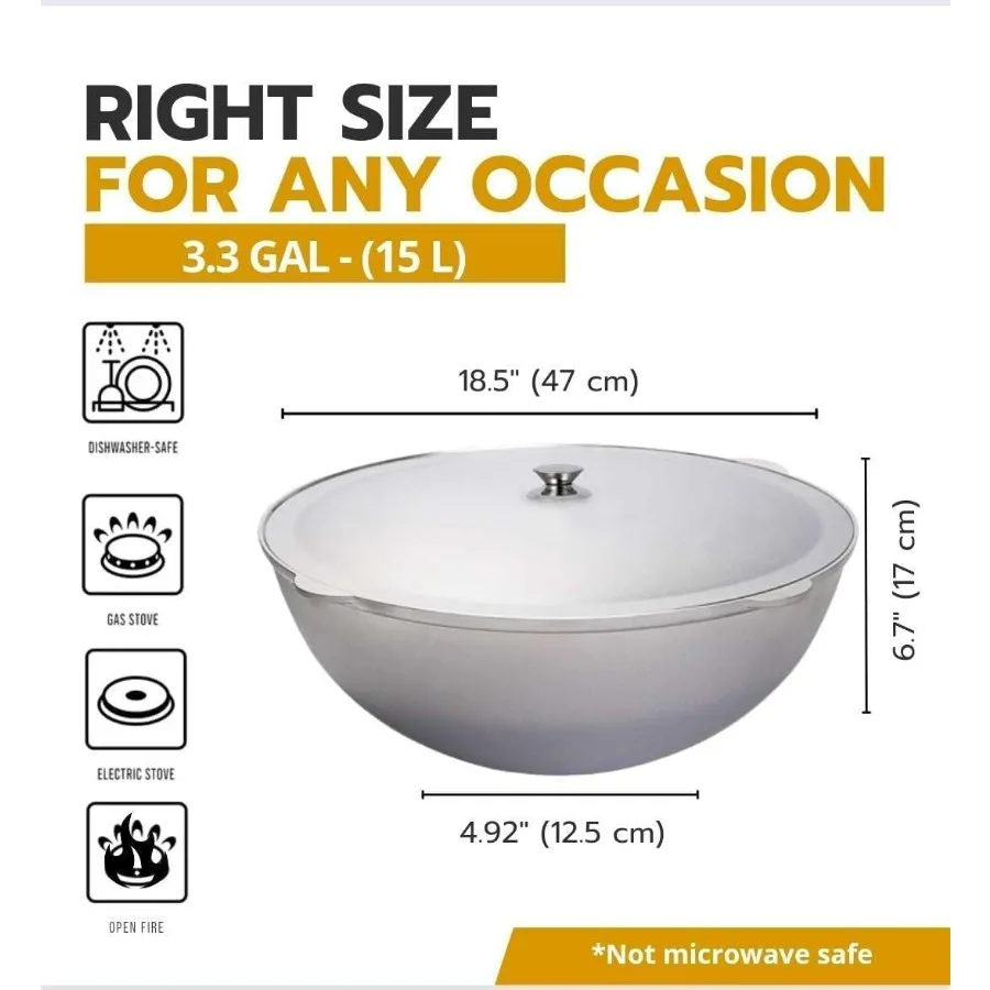 مرجل آسيوي من الألومنيوم المصبوب مع غطاء من الألومنيوم كازان وعاء فرن هولندي أواني طهي للتخييم وعاء المطبخ آمن للفرن باللون الرمادي كالديرو (15 لتر) #3