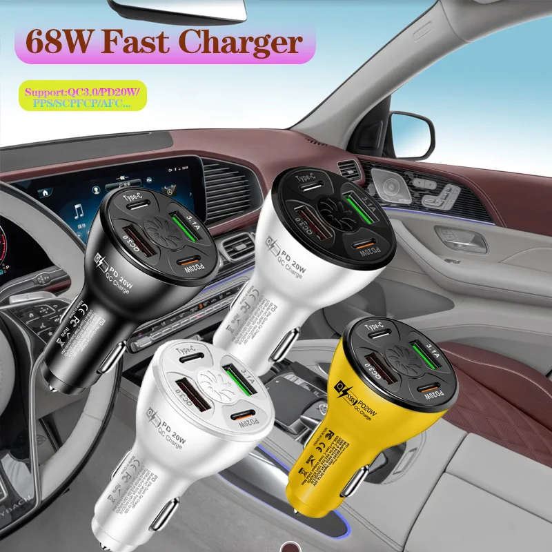 68W 4Port Car Super Fast Charger QC3.0 PD30W Digital Real-time Voltage With Color Atmosphere Lamp Car Cigarette Lighter Charger