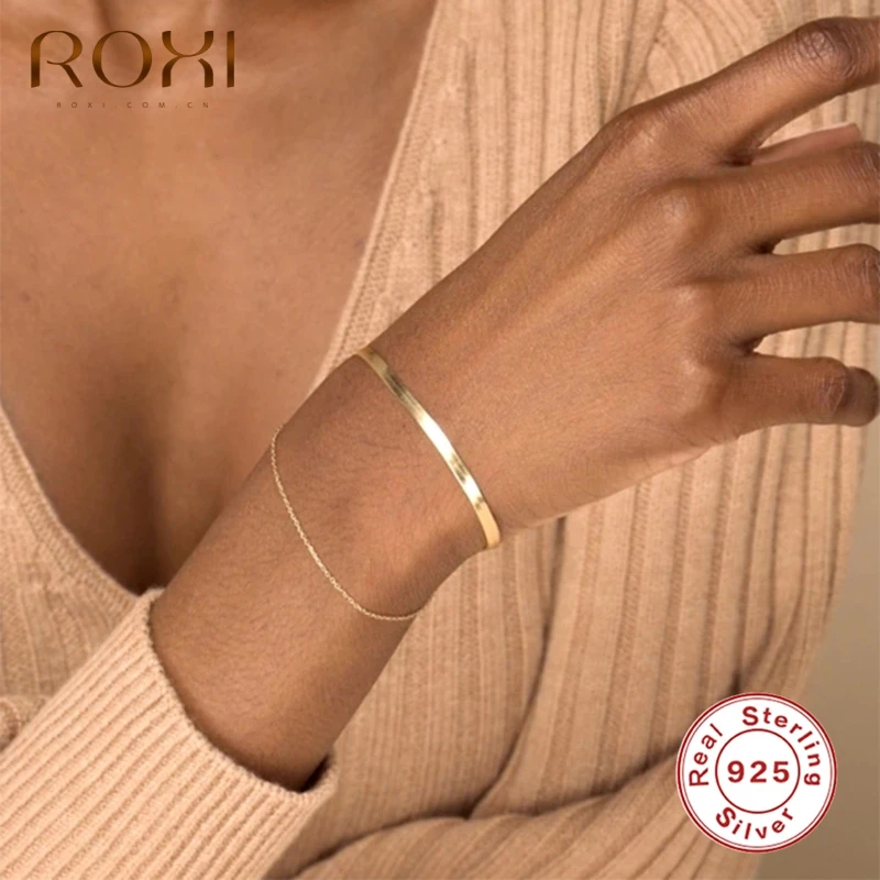 ROXI Minimalism INS Snake Chain Bracelets for Women Men Gold/Silver Bracelets 925 Sterling Silver Jewelry Career Bracelet