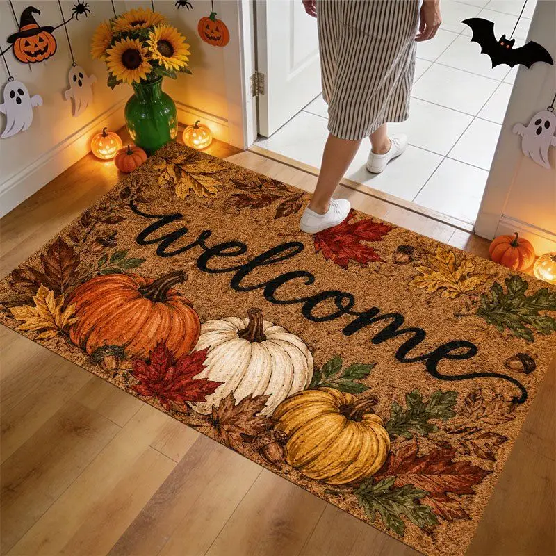 VIKAMA Fall Welcome Mat Pumpkins Maple Leaves Autumn Harvest Farmhouse Front Door Mat Indoor Outdoor Porch Rug Home Decor