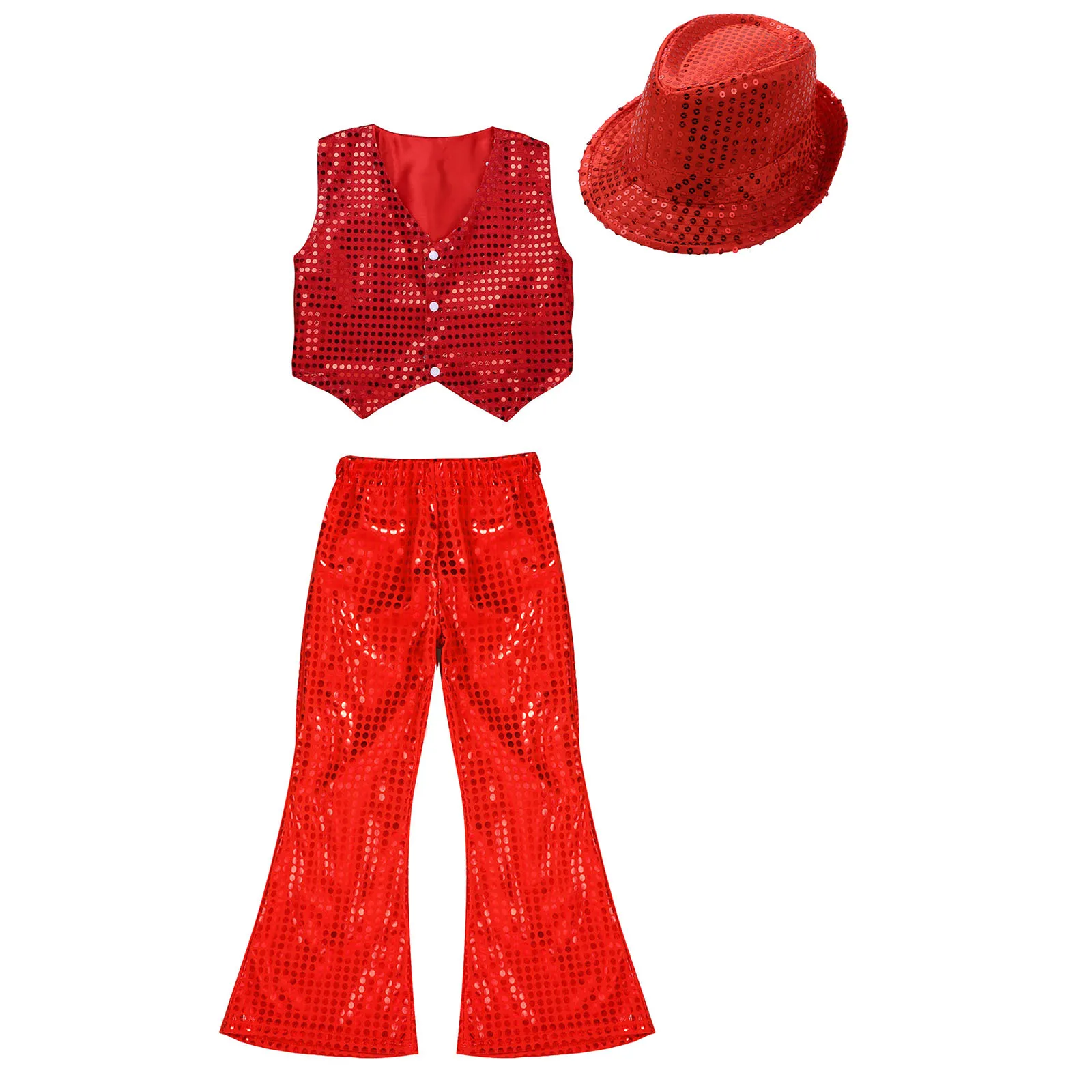 Kids Boys Girls Dance Set for Jazz Hip Hop Dance Stage Performance Shiny Sequin Waistcoat Elastic Waistband Flared Pants And Hat