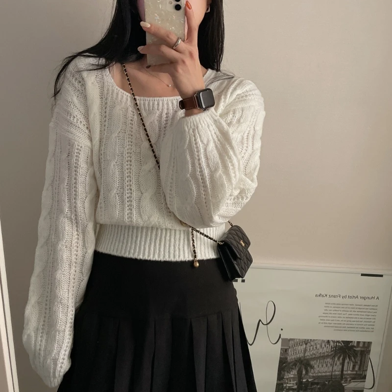 Maglieria con maniche a lanterna da donna nuova autunno/inverno elegante maglione pullover con collo quadrato tinta unita maglione casual a maniche lunghe
