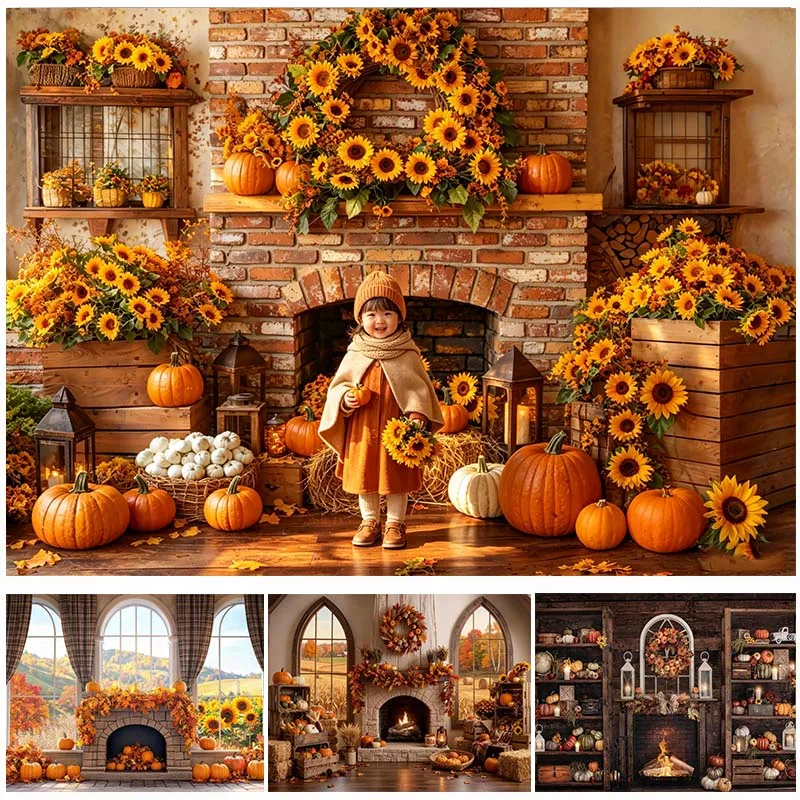LS Autumn Fireplace Photography Background Window Pumpkin Decor Holiday Party Family Portrait Photo Backdrop Studio