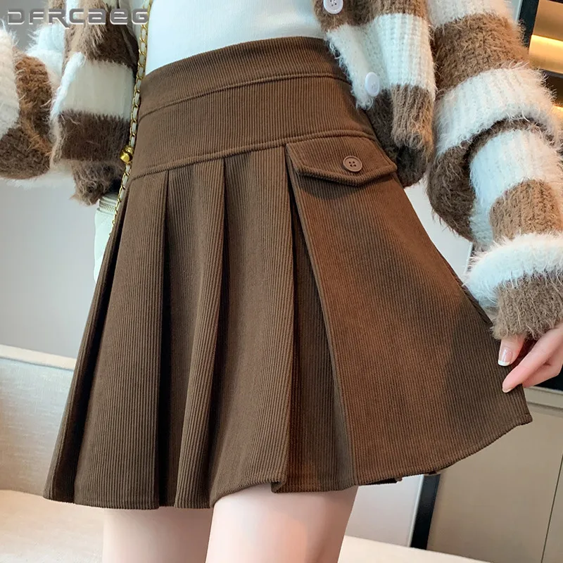 

Autumn Winter Vintage Corduroy Pleated Skirt Woman High Waist Casual Short Sweet Mini Skirts Lady
