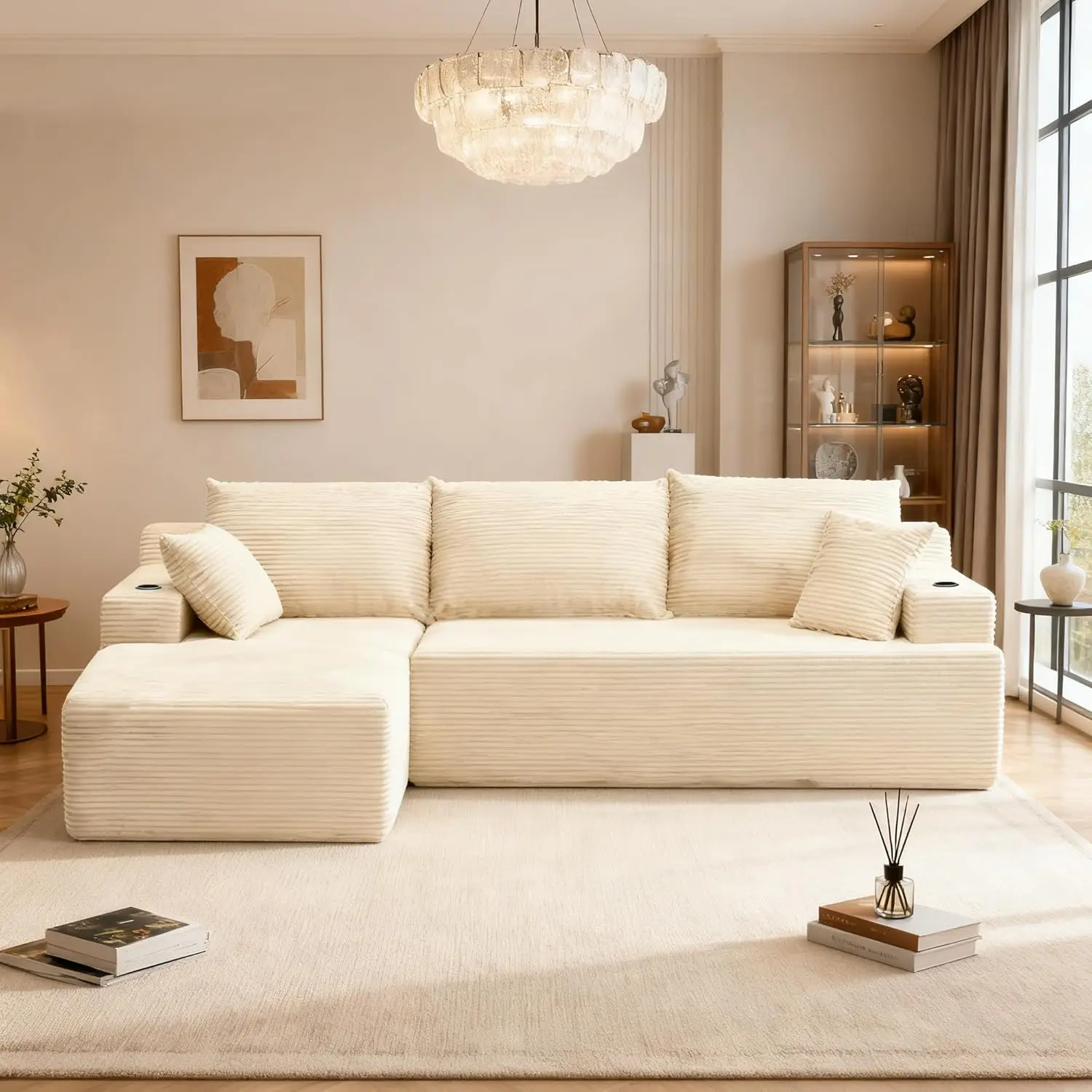 

Модульный угловой диван 105 дюймов с глубоким сиденьем, подстаканниками, из вельвета, для владельцев домашних животных, левый шезлонг, без сборки, белый, на заказ