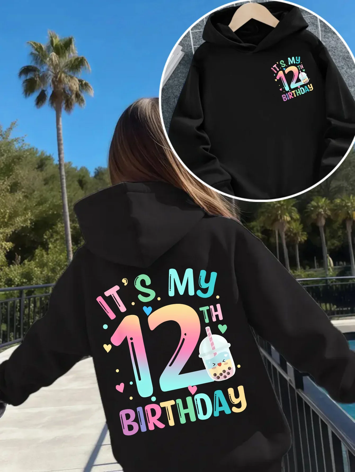 Autumn and winter children's fashionable casual sports hooded sweatshirt with printed pullover before and after 12th birthday