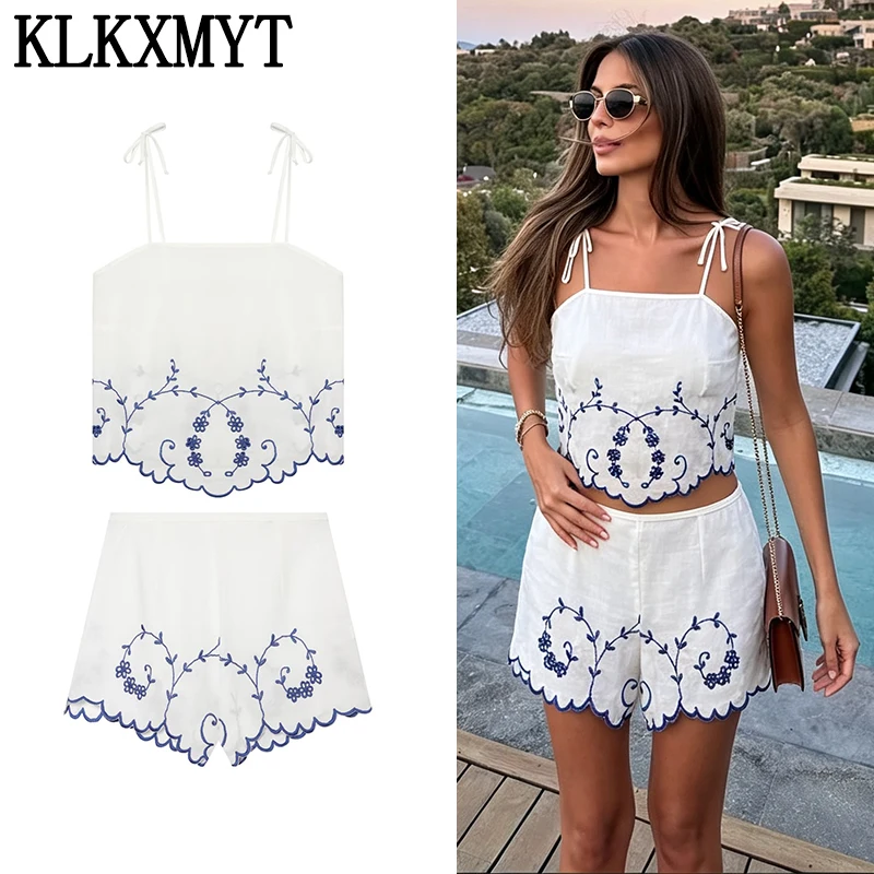 KLKXMYT Women Summer Shorts Set New Fashion Embroidery Sling Top + High Street Mid-Waist Casual Shorts Suit