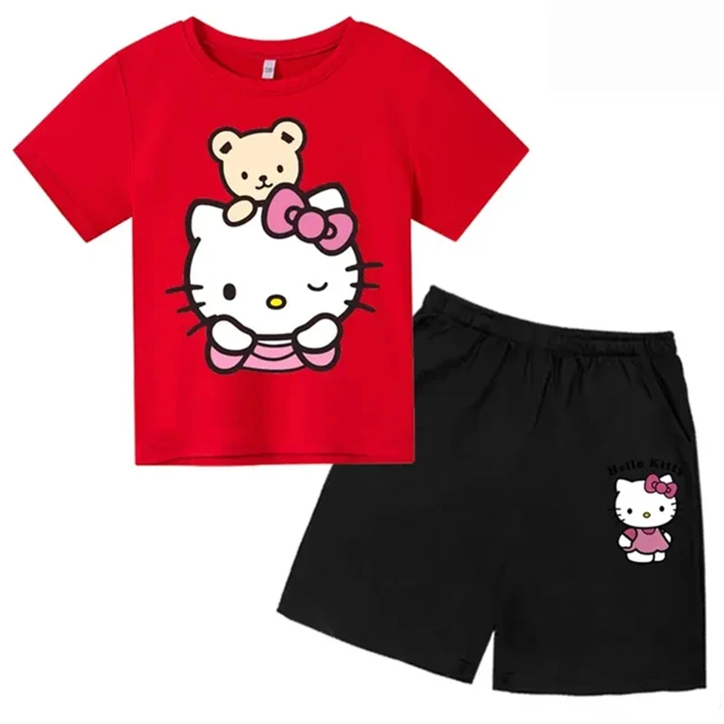 Hello kitty Children\'s Leisure Short Sleeve Round Neck T-shirt +shorts Set Age 3-12 Boys Girl Cotton Print Summer Clothing