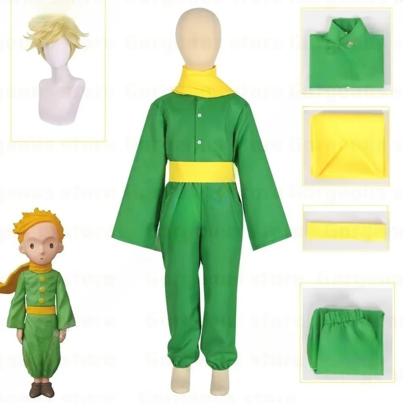 Disfraz de Cosplay del Principito, Camiseta Verde, Pantalones, Bufanda Amarilla, Cinturón, Peluca, Traje de Carnaval para Adultos y Niños, Regalo de Cumpleaños