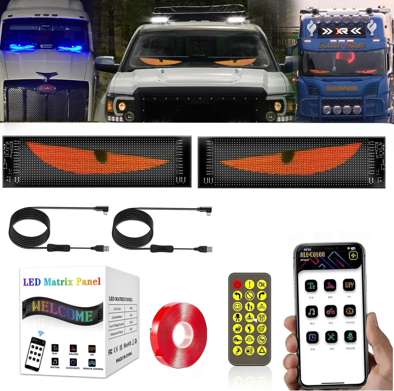 

2PCS Dynamic Big Devil Eyes Light for Cars Programmable Flexible Window Screen LED Display for Car, Animated Car Eye Matrix Pan