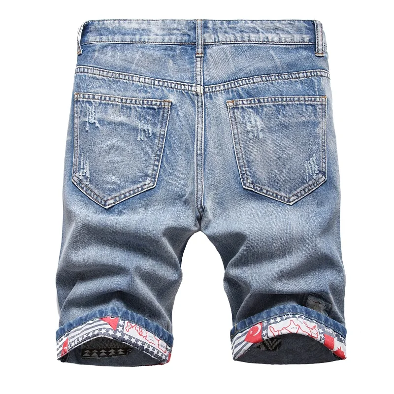 Hip Hop Ripped Men\'s Fashion Denim Shorts Blue New Style Stretch Straight Personalized Retro Nostalgic Trendy Pants Jeans Shorts