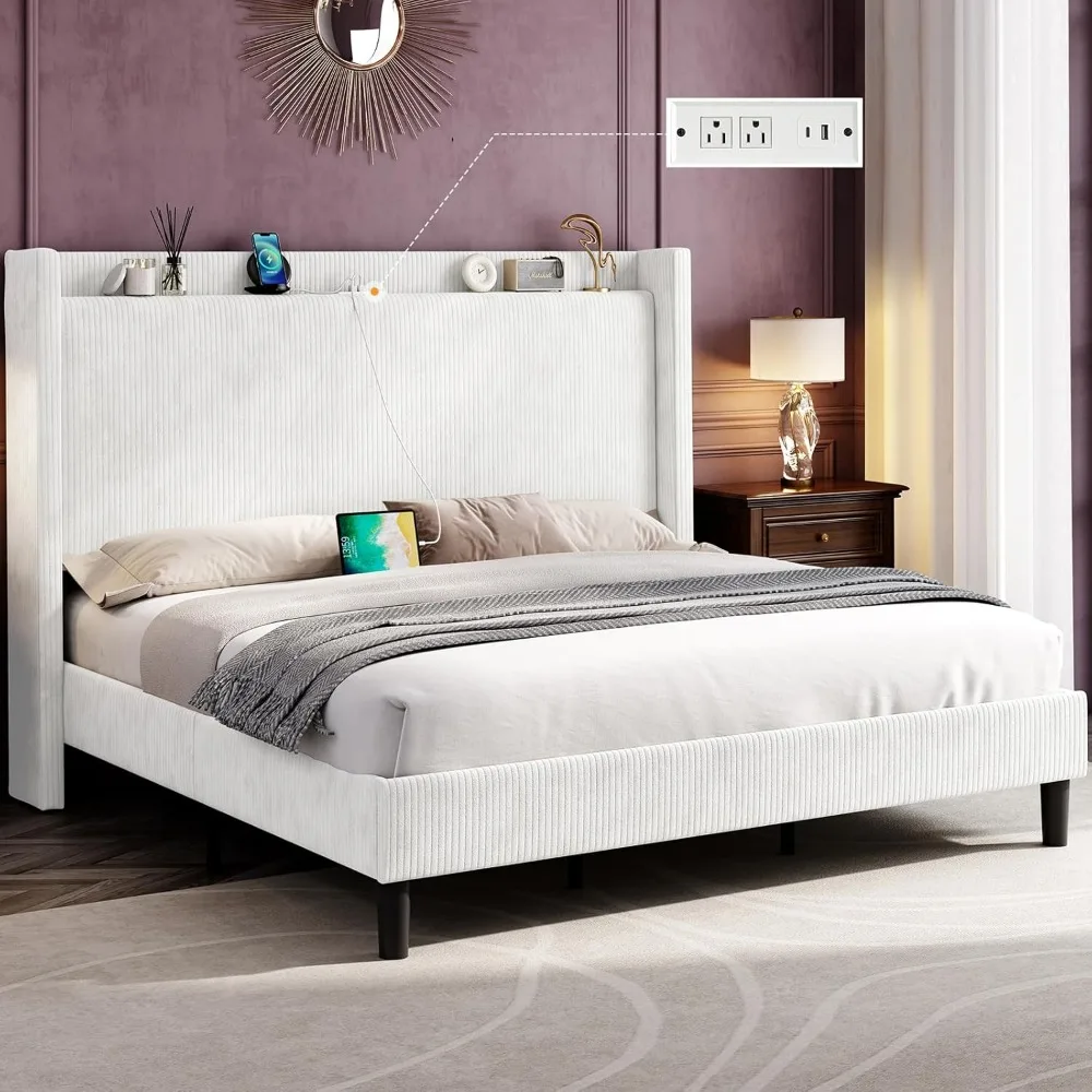 

King Size Bed Frame Upholstered Corduroy Bed with Modern Wingback Storage Headboard and Charging Station, No Box Spring Needed