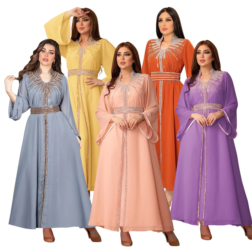 

Luxury Diamonds Middle East Kaftan Arabic Robe Chiffon Dress Flare Long Sleeves Crystal Belt Fashion Muslim Jalabya Evening