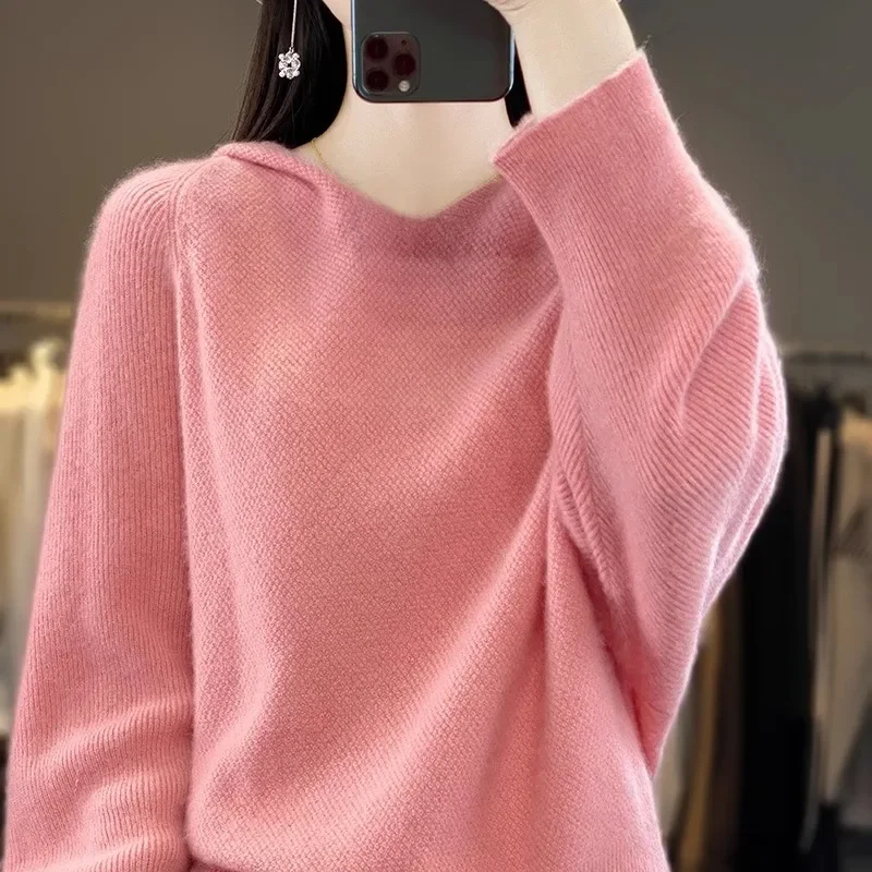 2023 Autumn/Winter Knit Cashmere Hooded Sweatshirt Women's Long Sleeve Solid Color Inner Sweater Knit Pure Cashmere Hooded Top