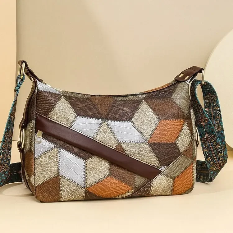 Bolso cruzado Retro de un solo hombro para mujer, con bloqueo de Color y gran capacidad, de cuero suave