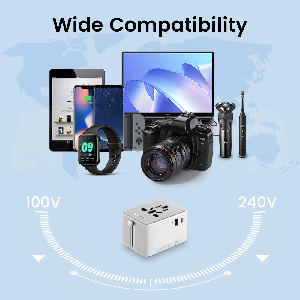 GONEO Универсальный дорожный адаптер с автоматическим восстановлением предохранителя PD USB‑C Международный штекерный адаптер для ЕС, Великобритании, Испании, Франции, США, Таиланда, Японии, Ирландии, Австралии