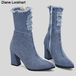 2023 Fashion Denim Western Women Ankle Boots Sexy High Heel Pointed Cowboy Boots Zipper Autumn Winter Stretch Boots Woman Shoes