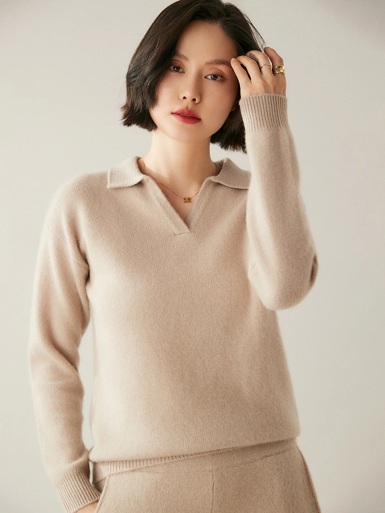 TLOML 여성용 100% 캐시미어 스웨터 턴 다운 칼라 v 넥 풀오버 캐시미어 니트웨어 정장 가을 겨울 부드럽고 따뜻한 캐주얼 탑