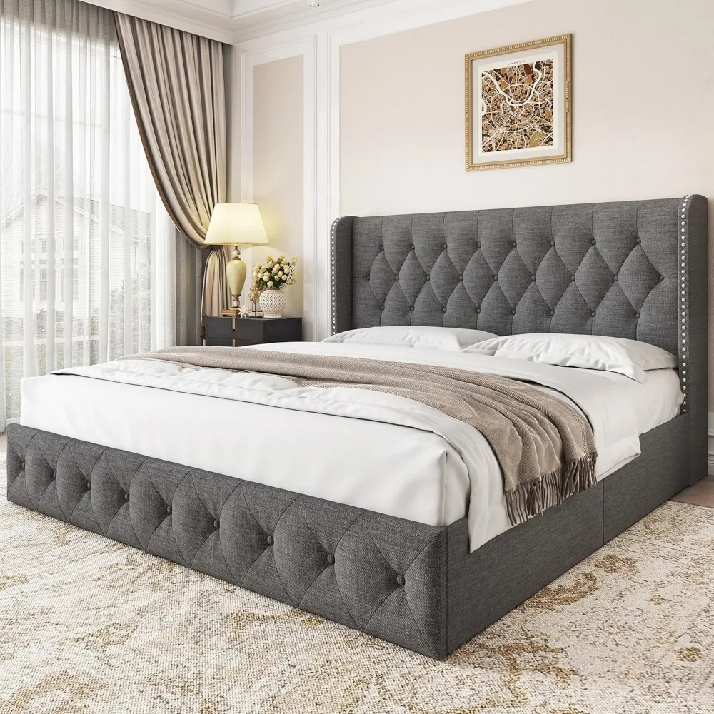 Marco de cama King Size, plataforma acolchada con 4 cajones de almacenamiento y cabecero, marco de cama Wingback, camas tapizadas de lino, gris