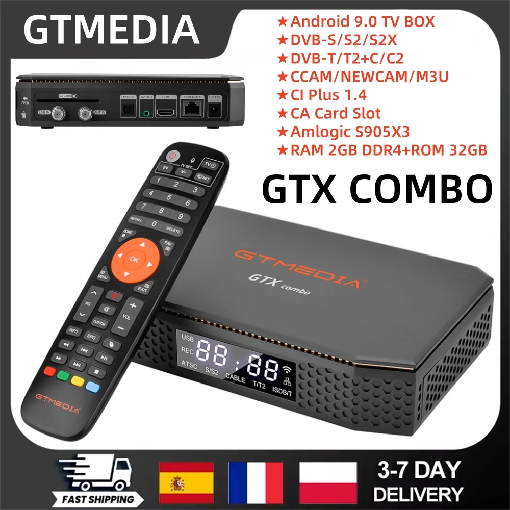 GTMEDIA GTXcombo Android 9,0 + DVB-S/S2/S2X + T/T2 + C/C2,8K 4K UHD Media Smart TV Box, compatible con TDT HD, 2G + 32G, decodificador de ranura para tarjeta IC Plus