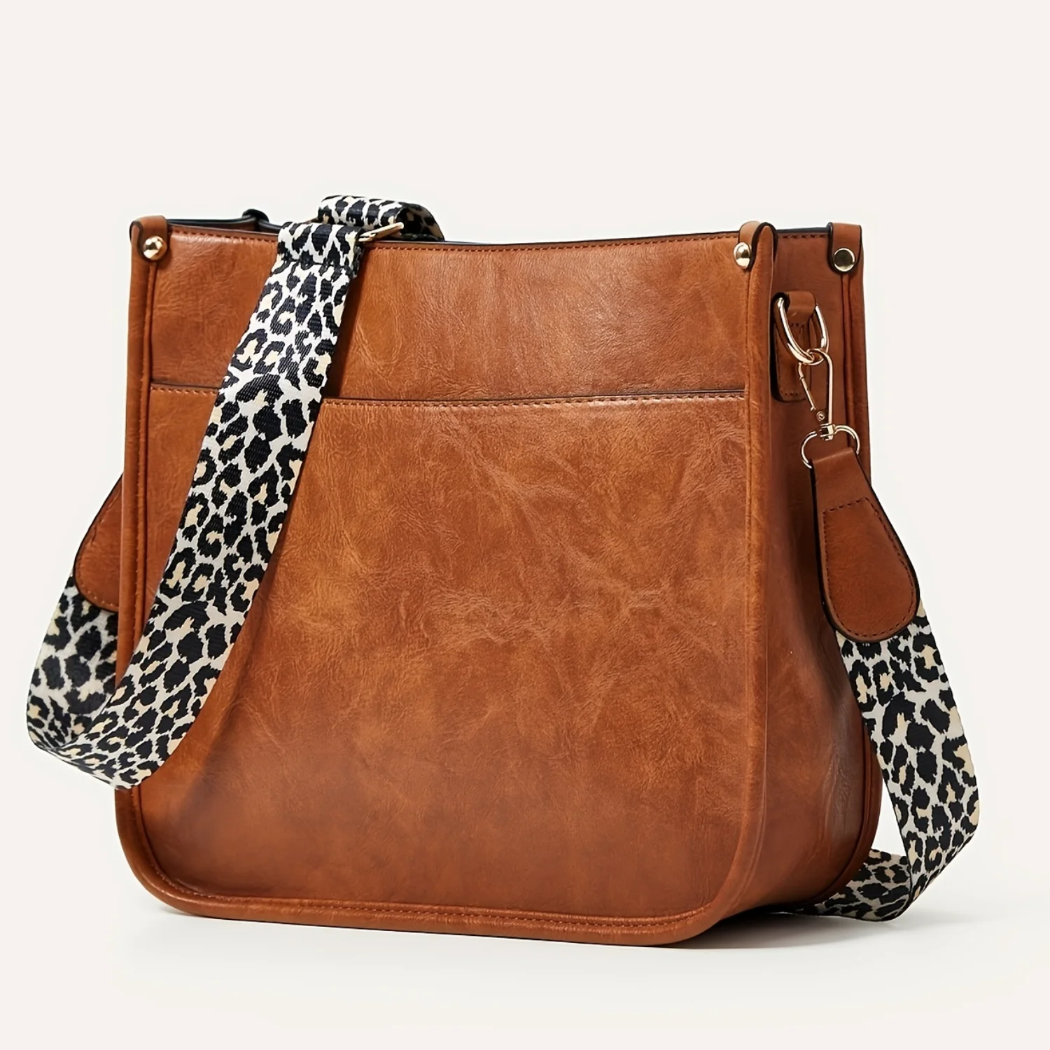 Leopard Print Straps Crossbody Bag, Solid Color  Bag, Shoulder Zipper Bag For Work