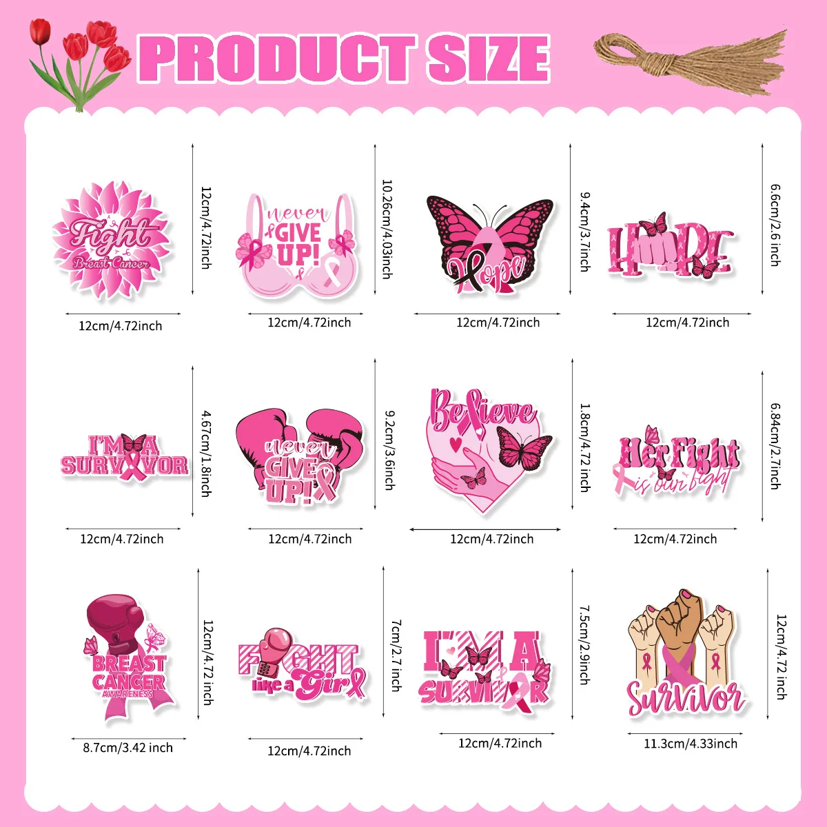 Love Breast Day Hangings, Fight Breast Cancer Tags,Breast Care Party Decoration Hanging Decoration, Gift Box Hangtag,12pcs