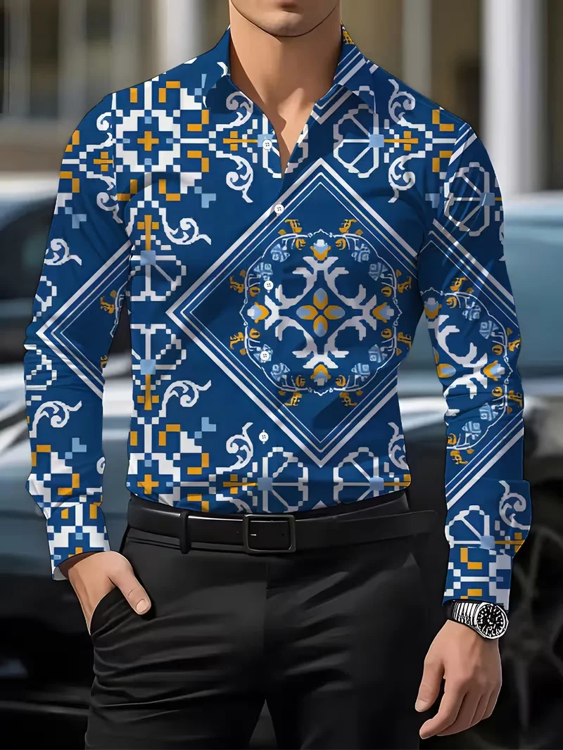 New light luxury purple black starry sky gradient men's long sleeved shirt 3D slim fit lapel party shirt