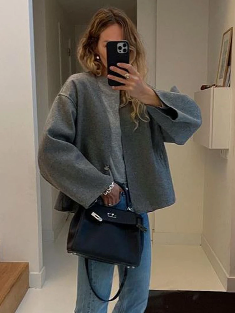 Faux Woolen Coat Women Grey Autumn Winter Crop Overcoat Lady Elegant Fashion Long Sleeve Jacket Female Casual Loose V-Neck Coats