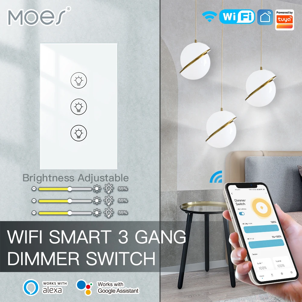 MOES New Tuya WiFi Multi-gang Smart Light Dimmer Switch 1/2/3 Gang Smart Life/Tuya APP Works with Alexa Google Voice Assistants