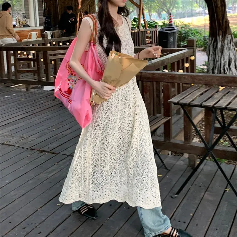 Hollow Breasted Sweater Sleeveless Knitted Long Dress Summer Party Cover Up Elegant Slim Split Maxi Vestidos Holiday Beach Robe