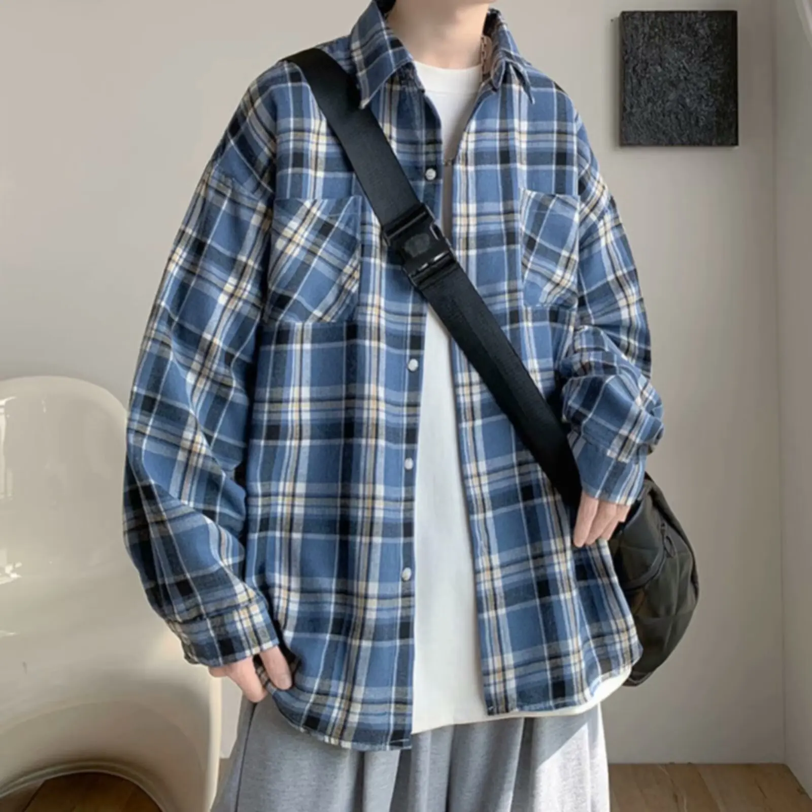 

Весенний большой размер 300, синий клетчатый повседневный длинный све, мужская винтажная американская свободная посадка, модная верхняя одежда