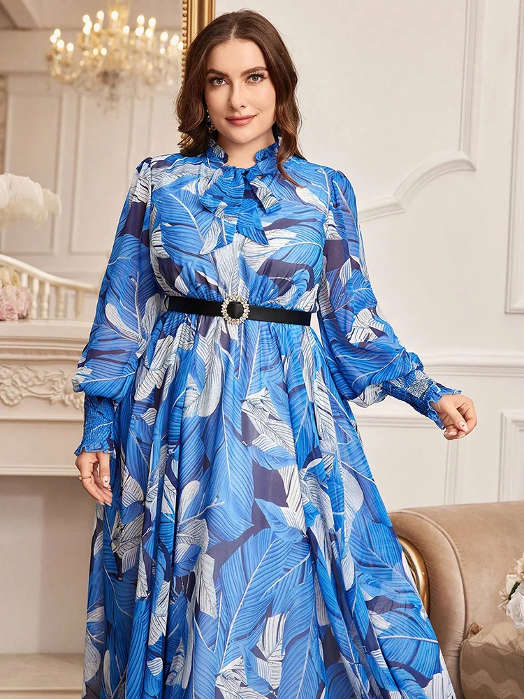 TOLEEN-Women Belt Botanical Print Lantern Sleeve Evening Dress, Casual Elegant Bow Holiday Long Dresses, Plus Size, Summer 2024