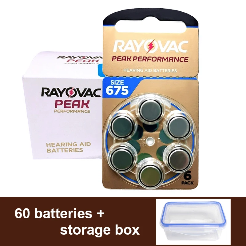 60pcs Rayovac Peak Hearing Aid Batteries 675 A675 P675 PR44 Germany Zinc Air Cell Button Battery for Powerful BTE Hearing Aids