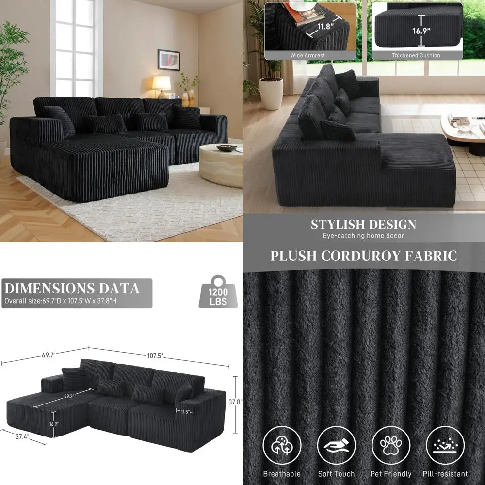 

Удобный пушистый L-образный темно-черный секционный диван для гостиной, глубокий модульный диван, похожий в облаке, с комфортом 107-дюймов