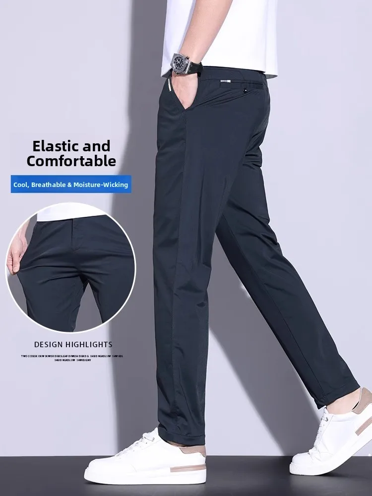 بنطلون فانكل الحريري الرقيق للأعمال والملابس غير الرسمية للرجال، موديل صيفي جديد، بنطلون بدلة مستقيم الساق بخصر متوسط وسحاب أ...