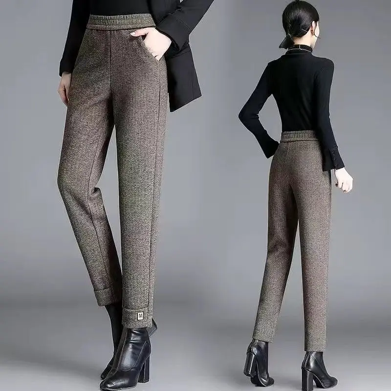 Calça feminina de harém elástica monocromática, cintura alta, rua alta, bolsos casuais, elegante até o tornozelo, outono, inverno