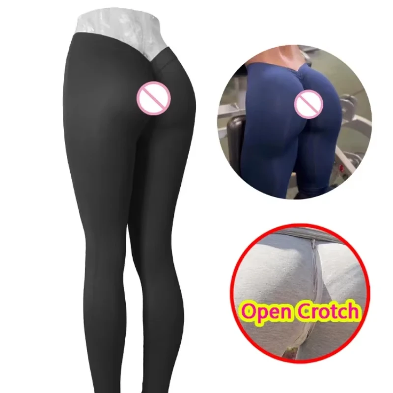Woman Sexy Open Crotch Leggings Hidden Zippers V-Back Gym Lift Fitness Crotchless Pants Adult Toy Outdoor Sex Trousers Push Up