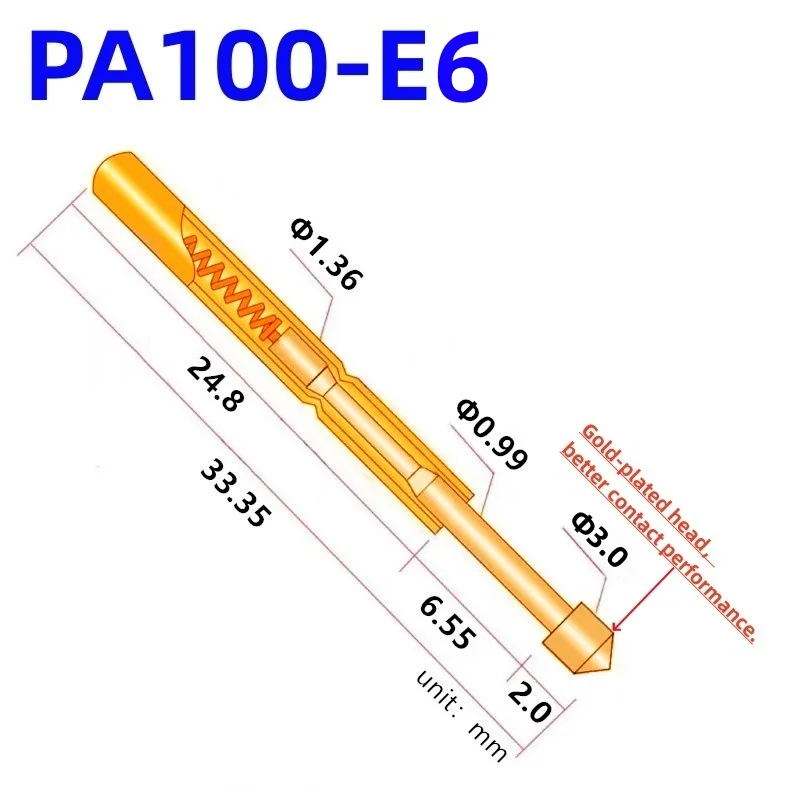 

100PCS PA100-E6 Spring Test Probe PA100-E Test Pin P100-E P100-E6 Test Tool 33.35mm 1.36mm Needle Gold Tip Dia 3.0mm Pogo Pin