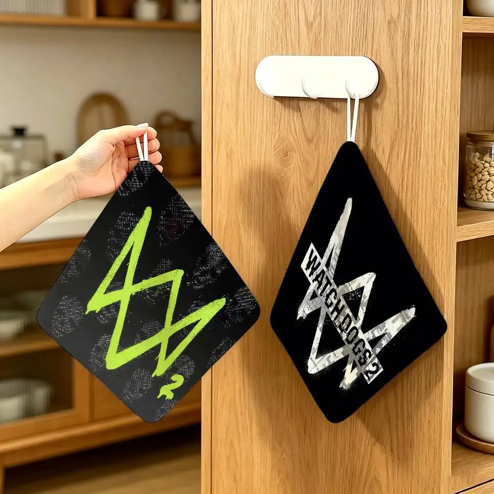 LOGO Watch Dogs Game   Hanging Style Hand Wiping Towel Polyester Cotton Anti-fade For Indoor Kitchen Living Room