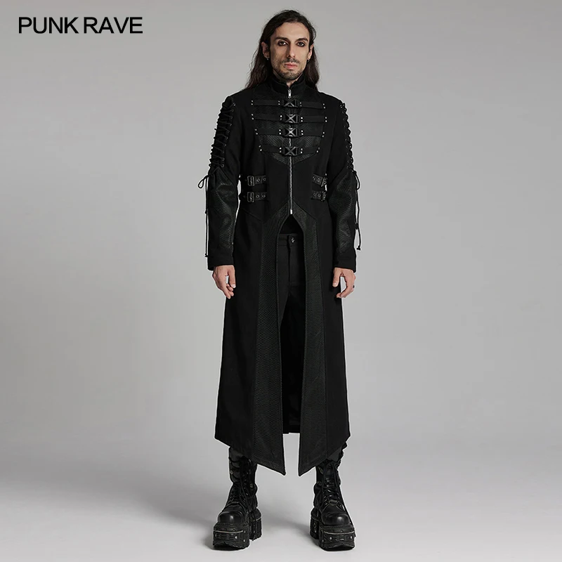 PUNK RAVE Men's Punk Wild Vision Twill X-shaped Long Jacket Irregular Double-layer Splicing Design Jackets for Men Clothing