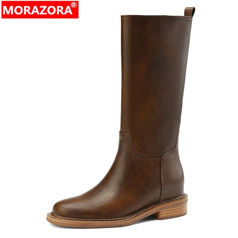 MORAZORA 2024 New Slip On Mid Calf Boots Autumn Winter Genuine Leather Women Boots Ladies Square Med Heels Shoes