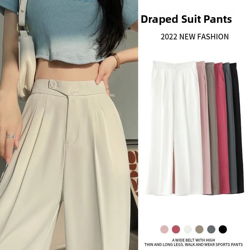 Witte wijde pijpen pakbroek dames hoge taille vloerlengte losse pasvorm casual broek met rechte pijpen dubbele blauwe lange broek