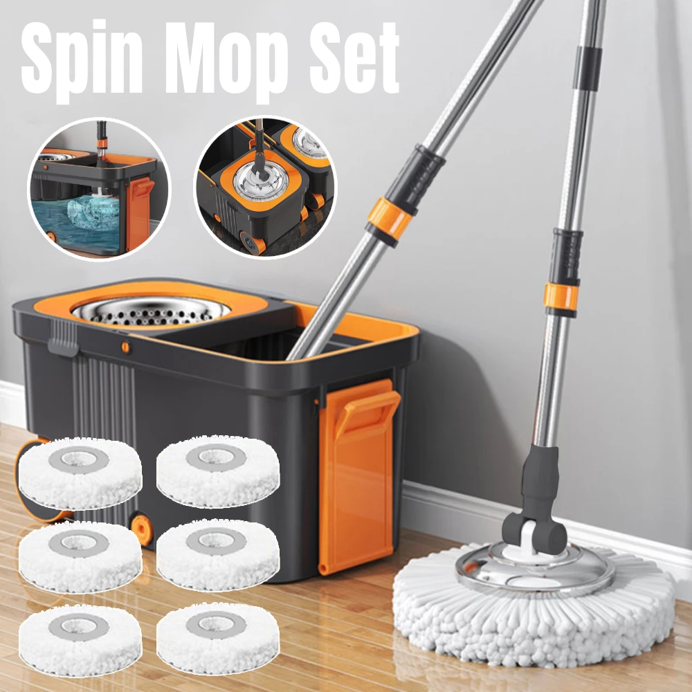 

Spin Mop Bucket with Wringer 360° Spinning Floor Mop with 6 Microfiber Heads Replacement Extended Handle Spin Mop and Bucket Set
