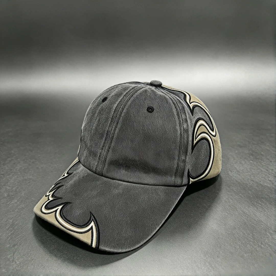 Vintage Washed Flame Embroidered Baseball Cap Unisex Adjustable Snapback Hat Hip Hop Streetwear Retro Distressed Sun Cap
