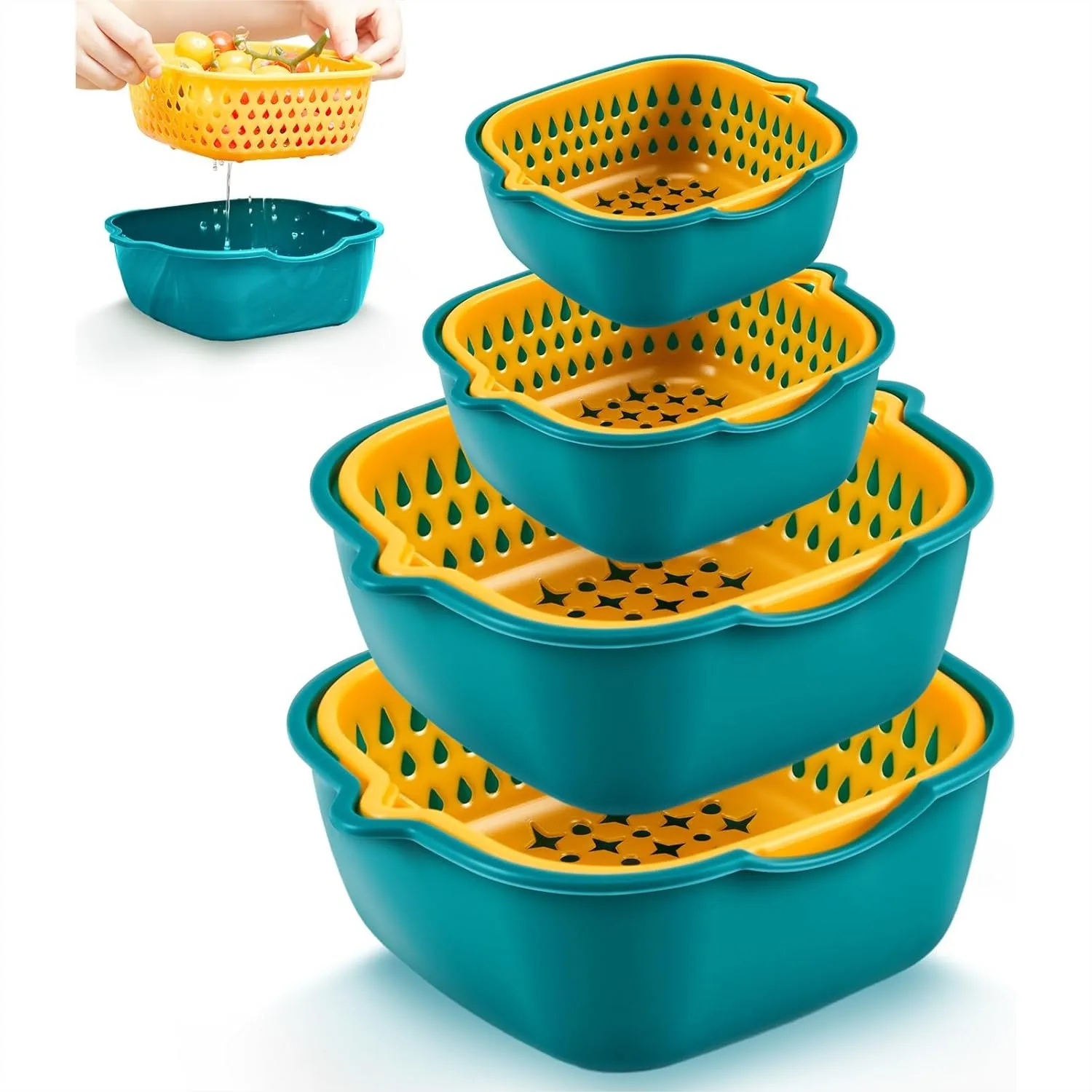 8 Pcs Drain Colander Bowl Set for Fruit Vegetable Washing Strainer Detachable Double-layer Plastic Kitchen Food Basket