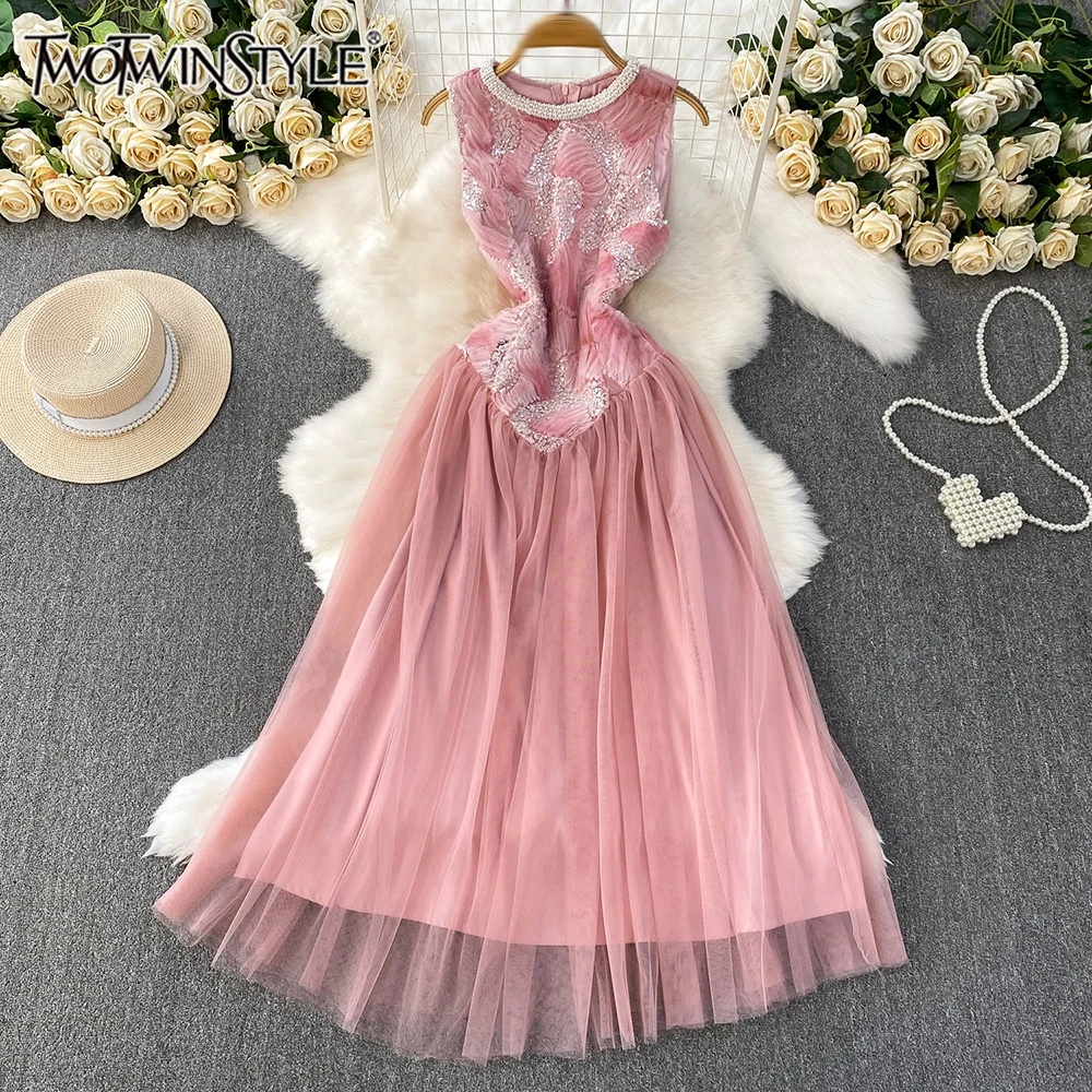 

TWOTWINSTYLE Sweet Slimming Spliced Folds Dresses For Women Round Neck Sleeveless High Waist Draped Dress Female New KDR543881