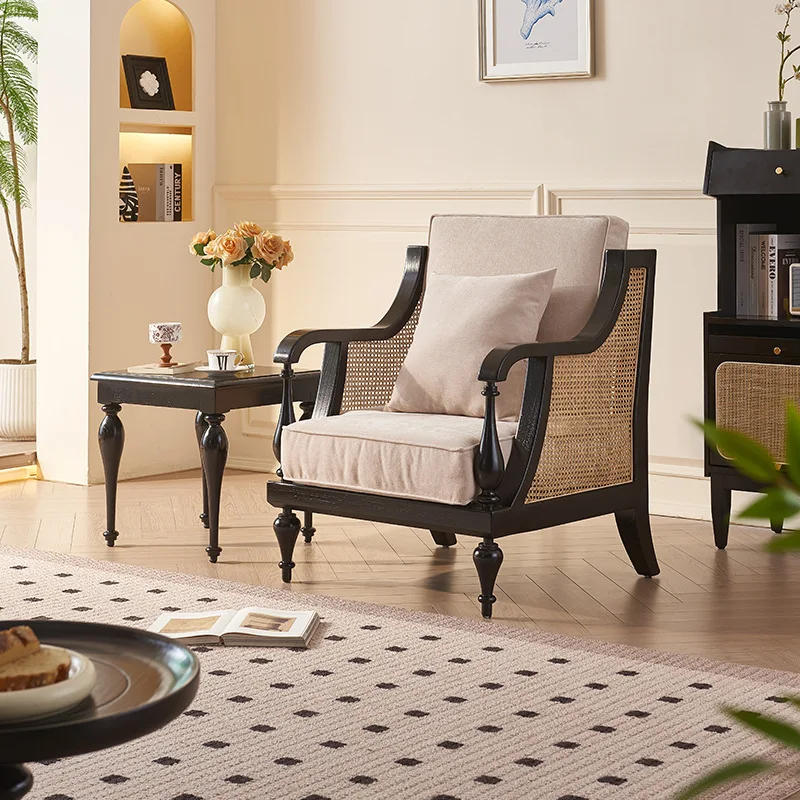 Scandinavian Rattan Solid Wood Sofa Chair Side Table Set Hotel Room Lounge Chair Ash Wood Single Seater Sofa