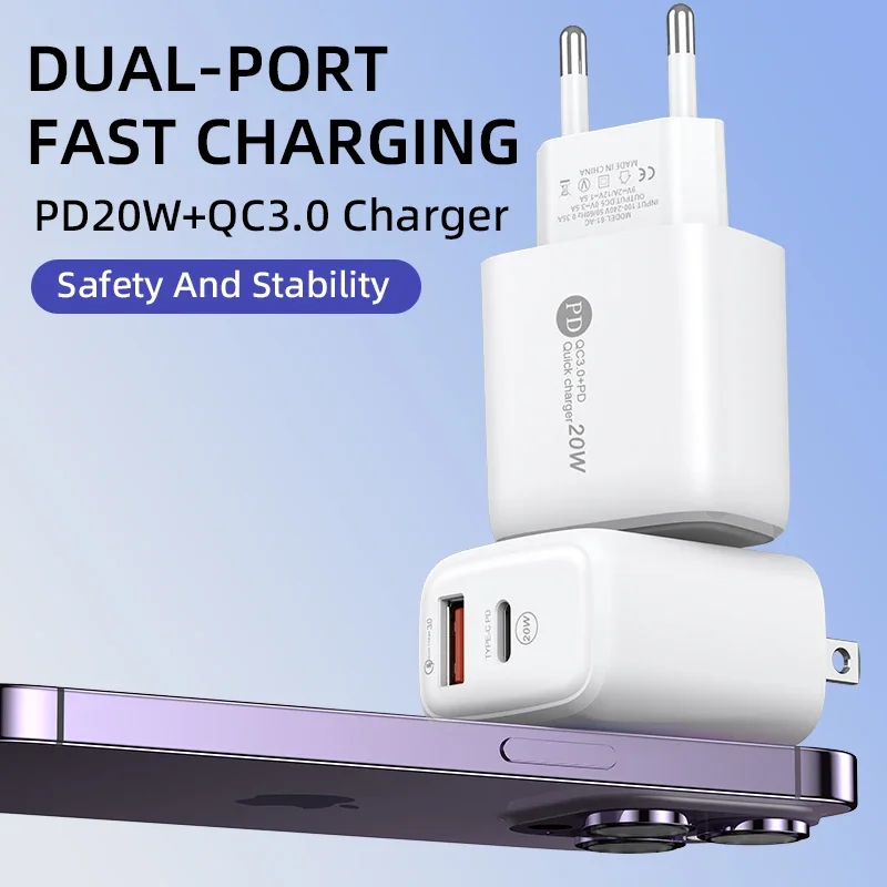 Type C 20W USB Fast Charging Phone Charger EU/US Plug Quick Charger Mobile Phone Power Adapter For iPhone17 16 Xiaomi Samsung PD
