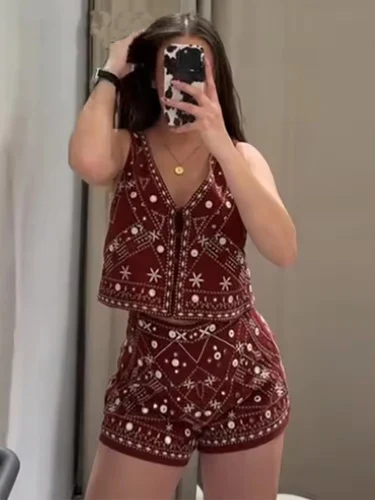 Conjunto de mujer, pantalones cortos informales bordados a la moda, conjuntos para mujer, 2 piezas, nuevo chaleco corto de verano, Tops, conjunto de dos piezas, trajes para mujer