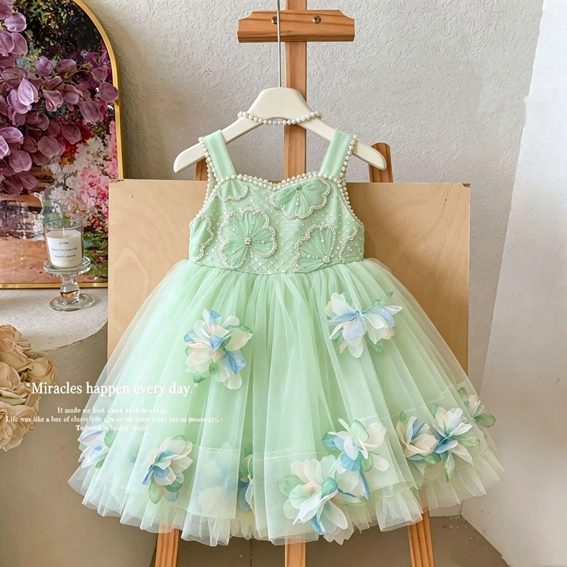 

New Baby Summer Girls Boutique Green Mesh Flower Dress, Princess Kids Fashion Party Dresses 2 - 8 T